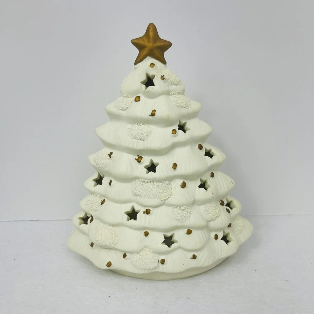 White Ceramic Christmas Tree Tea Light Holder Gold Star Cutouts Holiday Decor 8
